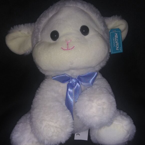 Kellytoy White Sheep with Blue Ribbon 9-inch Soft Plush Stuffed Animal - Picture 1 of 8